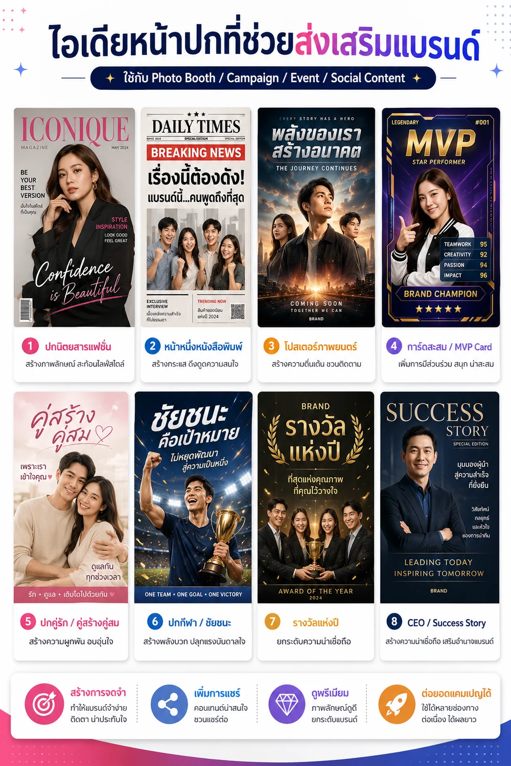 ไอเดียกรอบและหน้าปกภาพ AI Photo Booth 8 สไตล์ — ปกนิตยสาร หนังสือพิมพ์ โปสเตอร์หนัง การ์ด MVP ปกคู่รัก ปกกีฬา รางวัลแห่งปี CEO Success Story ปรับเข้าแบรนด์งานได้