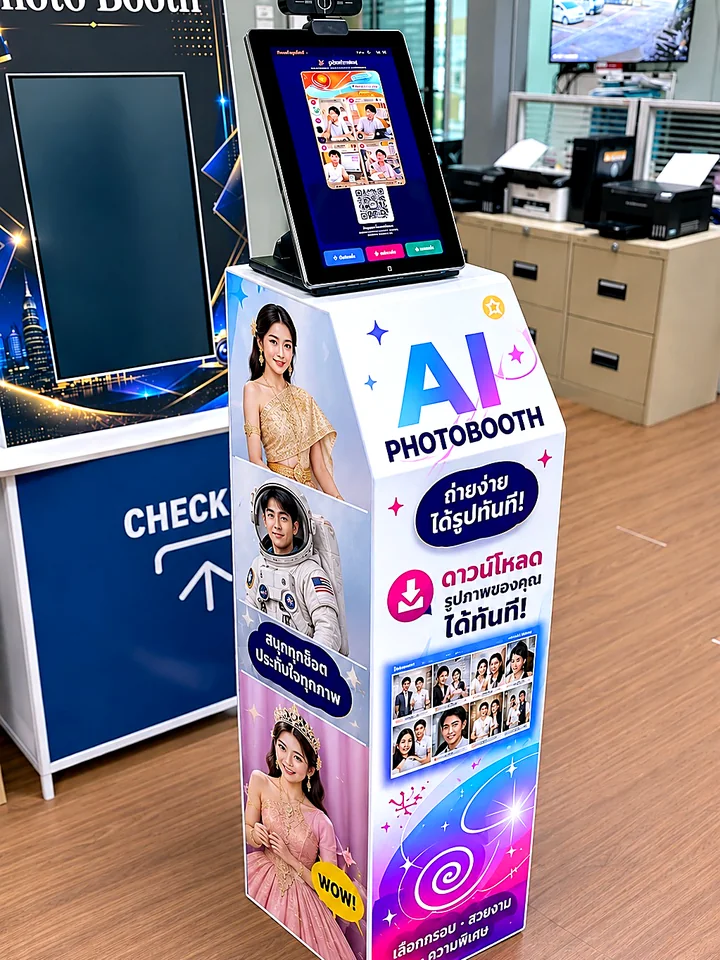 ตู้ AI Photobooth จริง หน้าจอแท็บเล็ตเลือกกรอบ ถ่ายง่ายได้รูปทันที ดาวน์โหลดผ่าน QR