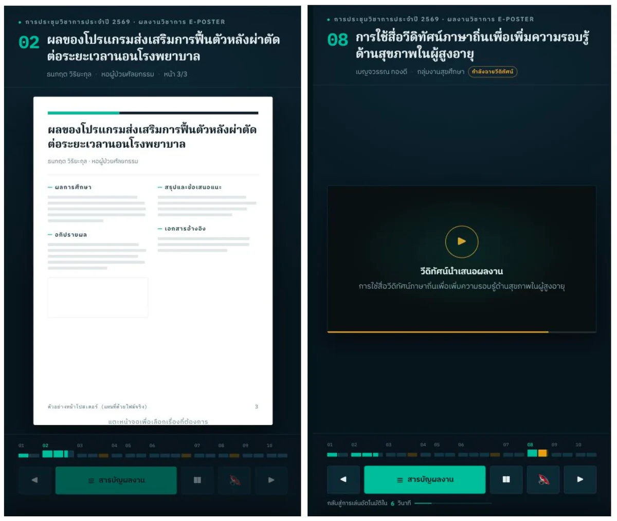 ตัวอย่างหน้าจอระบบ E-Poster — หน้าแสดงเอกสารผลงานหลายหน้า และหน้าแสดงวีดิทัศน์นำเสนอผลงาน พร้อมสารบัญและแถบเรื่อง