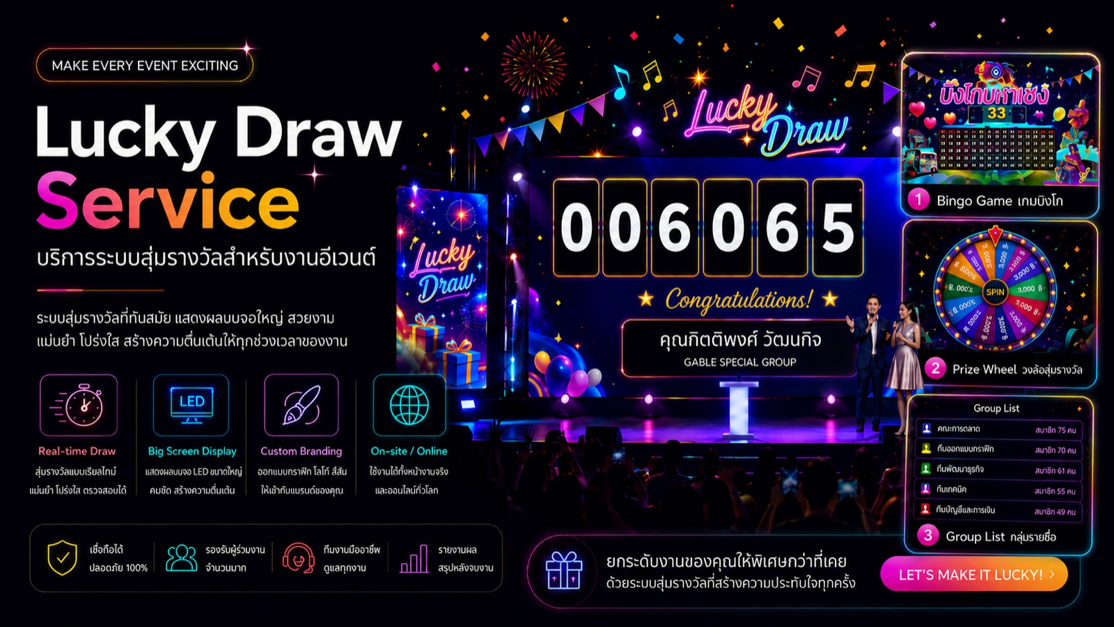 Lucky Draw Service — ระบบจับรางวัลดิจิทัล MeetingThai: Big Screen LED, Bingo Game, Prize Wheel, Group List สำหรับงาน Event