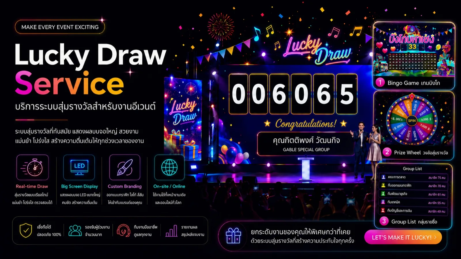 Lucky Draw Service — ระบบจับรางวัลดิจิทัล MeetingThai: Big Screen LED, Bingo Game, Prize Wheel, Group List สำหรับงาน Event