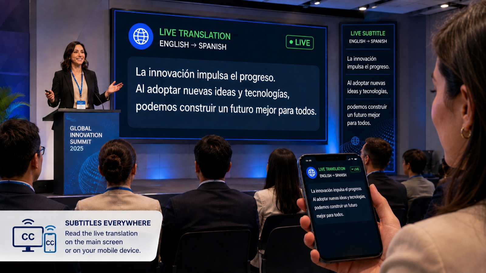 AI แปลภาษาเรียลไทม์ในห้องประชุม Real-time Translation 2 ภาษา แสดงบนจอใหญ่และมือถือผู้เข้าฟัง MeetingThai