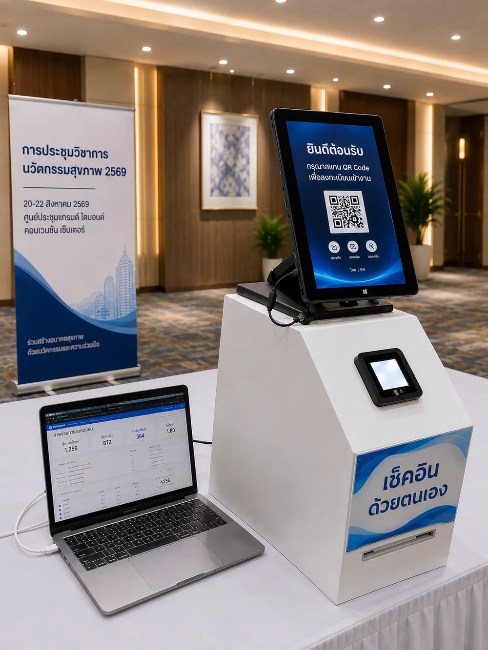 ตู้ Self Check-in ระบบเช็คอินงานอีเวนต์ — สแกน QR Code ค้นหาชื่อ และเช็คอินด้วยเสียง พร้อม Dashboard สรุปผลเรียลไทม์ โดย MeetingThai
